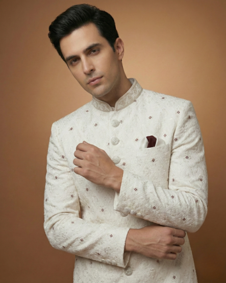 Luxury Cream Sherwani with Stone Touch-Up Work