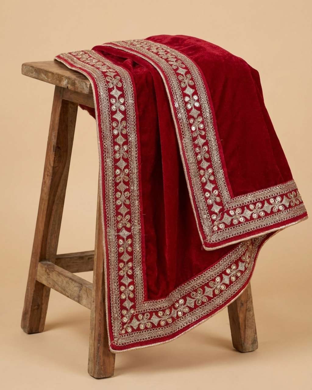 Reddish Maroon Velvet Dupatta with Zari Border