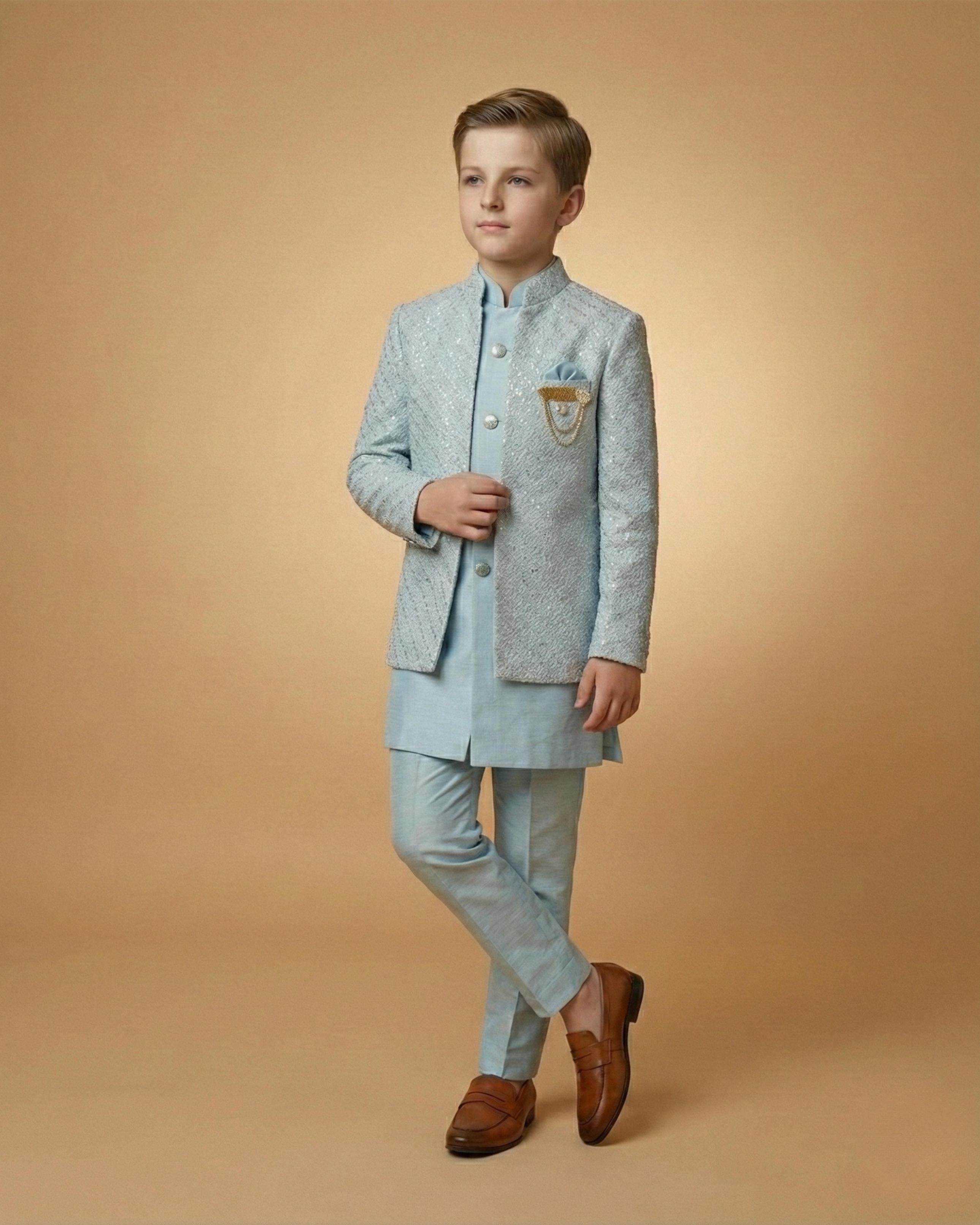 Kid's Indo Western Icy Blue – Machine Embroidery Front Open Indo Jacket & Pant
