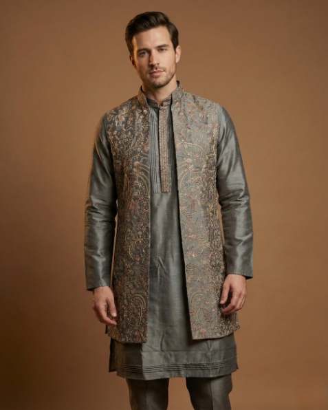 Semi Indo Grey – Machine Embroidery Plain Front Open Half Sleeves Indo, Kurta & Pant
