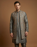 Semi Indo Grey – Machine Embroidery Plain Front Open Half Sleeves Indo, Kurta & Pant