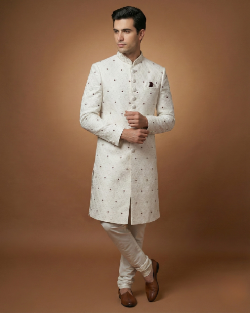 Luxury Cream Sherwani with Stone Touch-Up Work