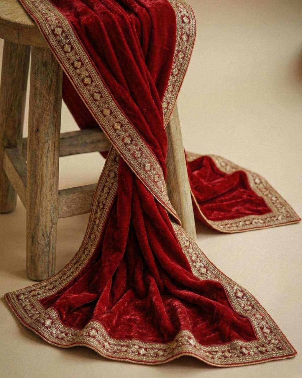 Reddish Maroon Velvet Dupatta with Zari Border