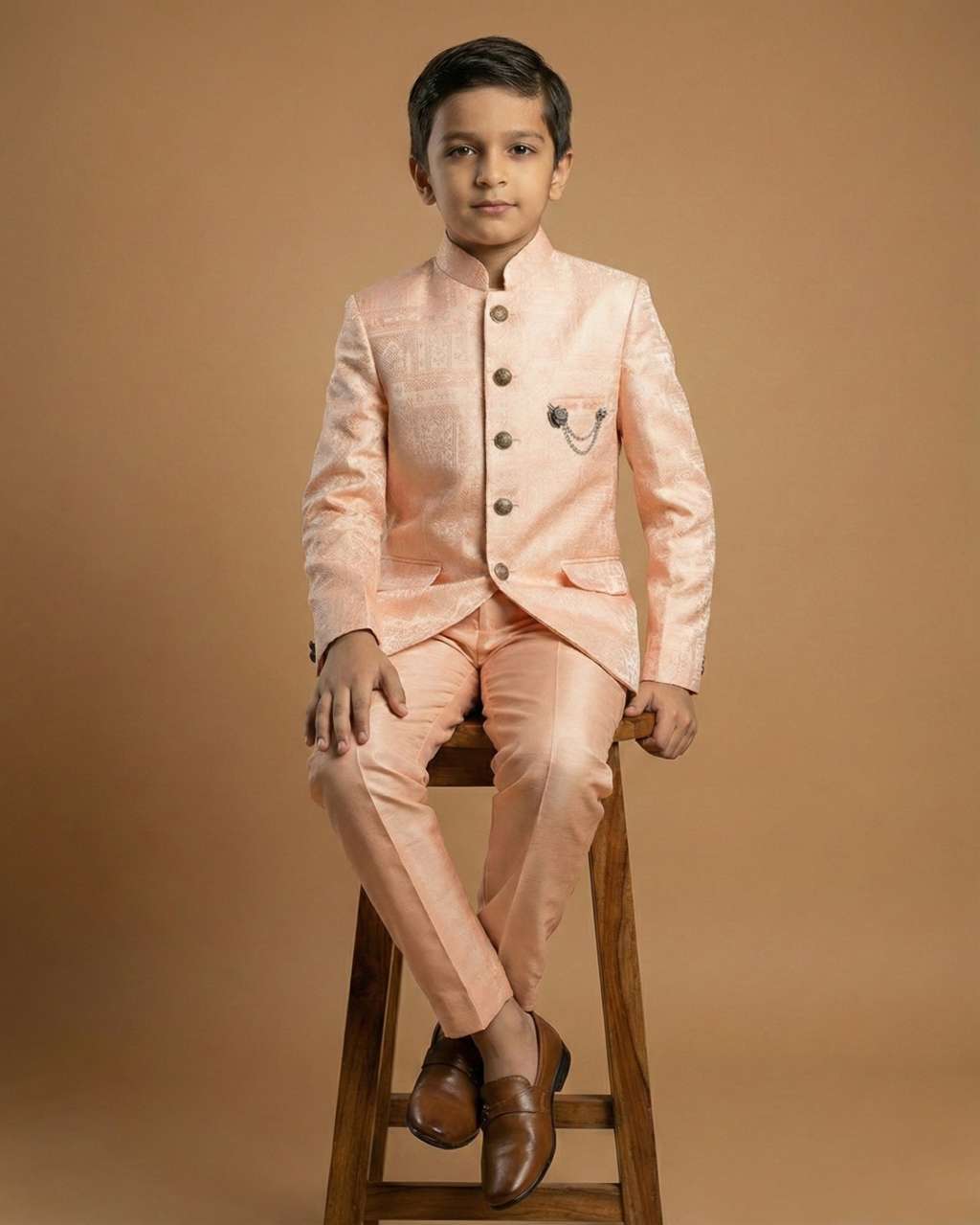 Kid's Jodhpuri Suit Peach – Jacquard Plain Straight Suit & Pant