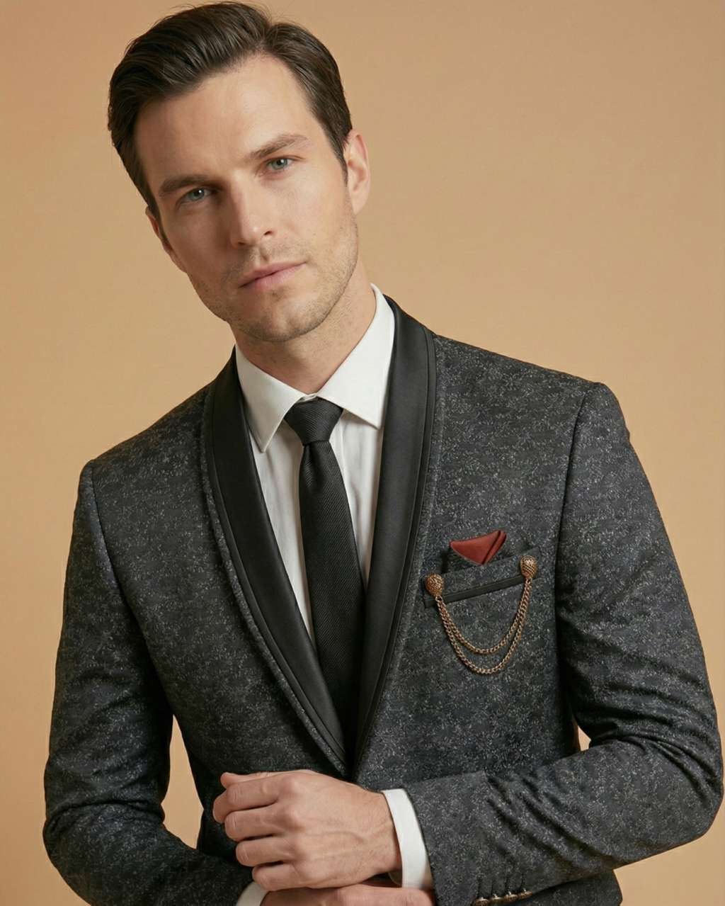 Men's Suit Black – Imported Jacquard Self Print Tuxedo Blazer, Waistcoat, Shirt, Tie & Pant