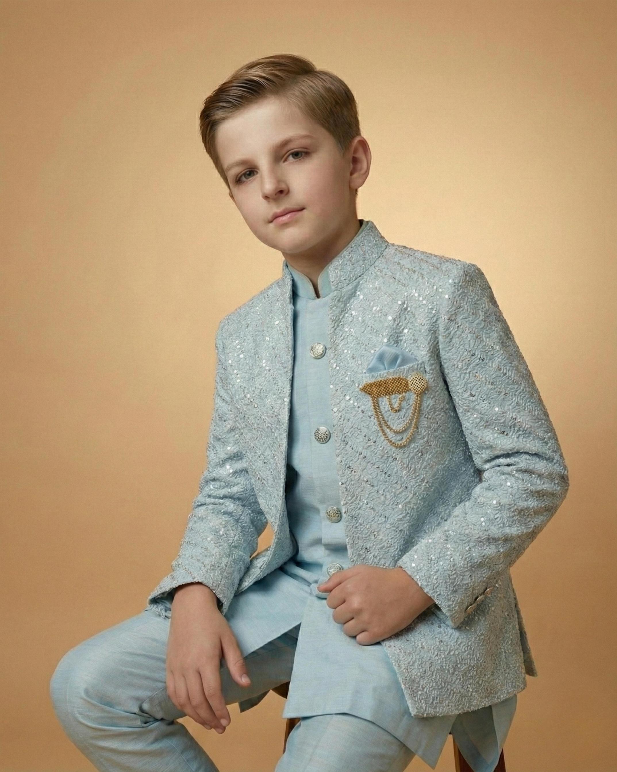 Kid's Indo Western Icy Blue – Machine Embroidery Front Open Indo Jacket & Pant