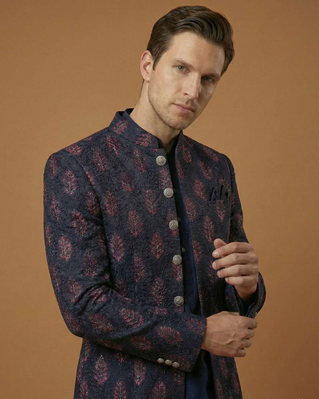Navy Blue Front Open Embroidery Indo Western