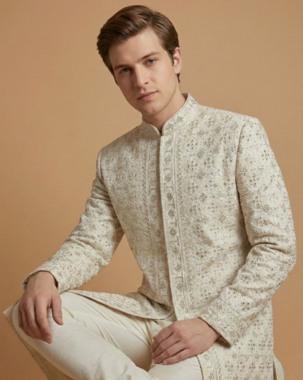 Royal Cream Sherwani with Stone Touch-Up 3 Layer Design