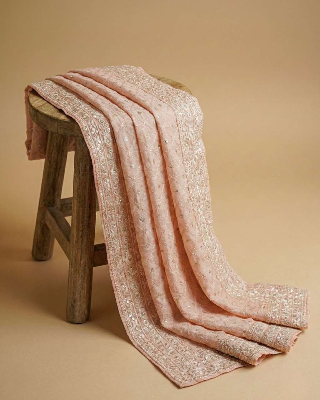 Peach Jaquard Dupatta with Embroidery & Zari Border
