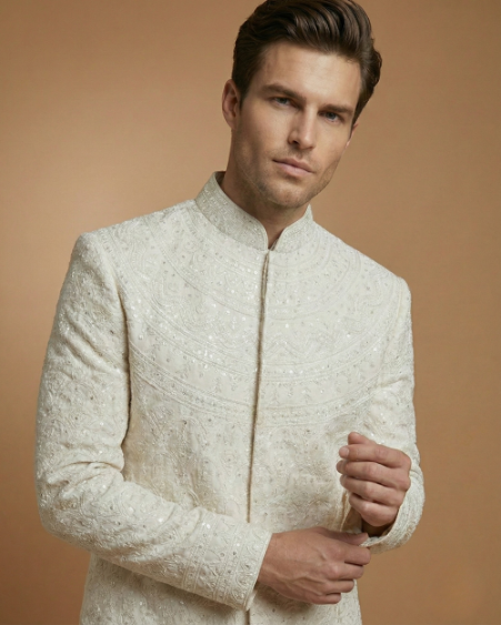Premium Cream Maroon Sherwani with Collar Button Work