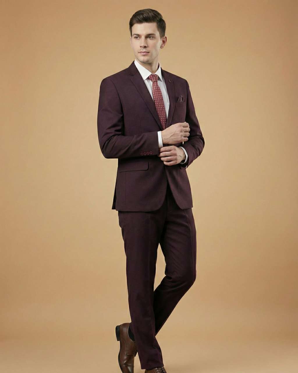 Men's Suit Wine – T.R Plain Formal Blazer, Waistcoat, Shirt, Tie & Pant