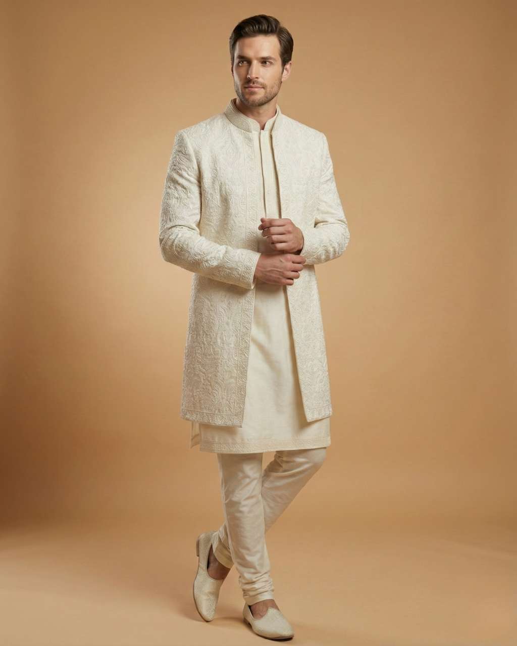 Cream Front Open Embroidery Indo Western