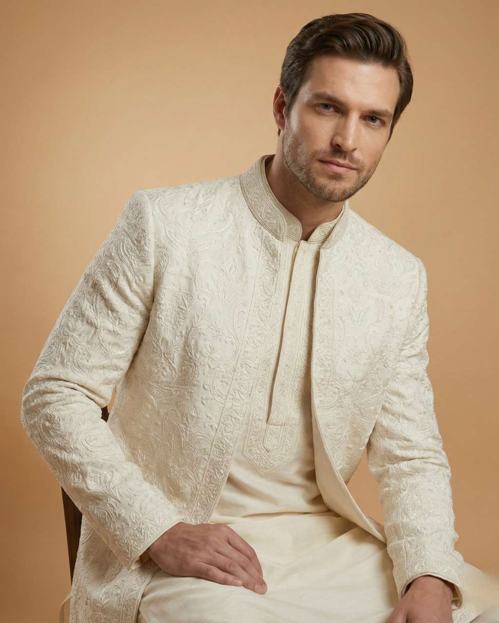 Cream Front Open Embroidery Indo Western