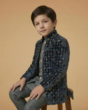 Kid's Indo Western Navy Blue – Velvet Embroidery Front Open Indo Jacket & Pant