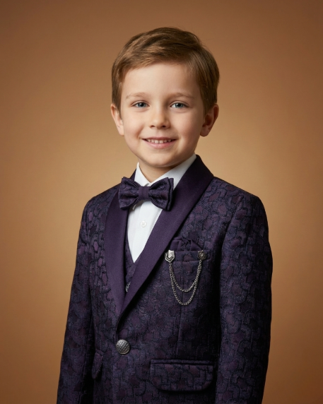 Kid's Suit Purple – Japanese Self Print Tuxedo Blazer, Waistcoat, Shirt, Bow Tie & Pant