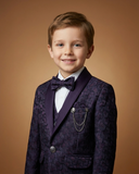 Kid's Suit Purple – Japanese Self Print Tuxedo Blazer, Waistcoat, Shirt, Bow Tie & Pant