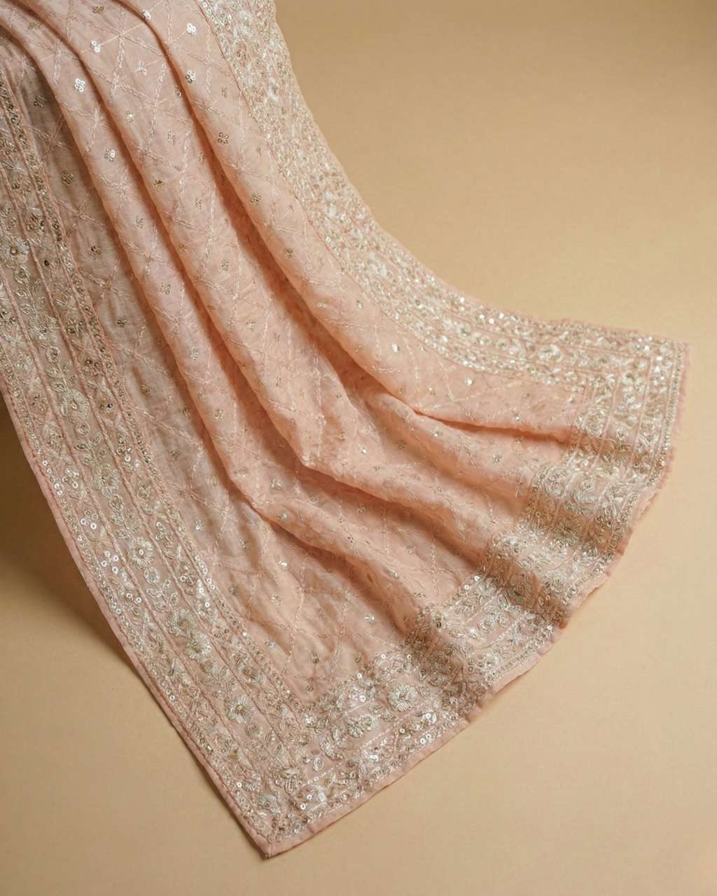 Peach Jaquard Dupatta with Embroidery & Zari Border
