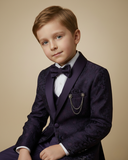 Kid's Suit Purple – Japanese Self Print Tuxedo Blazer, Waistcoat, Shirt, Bow Tie & Pant