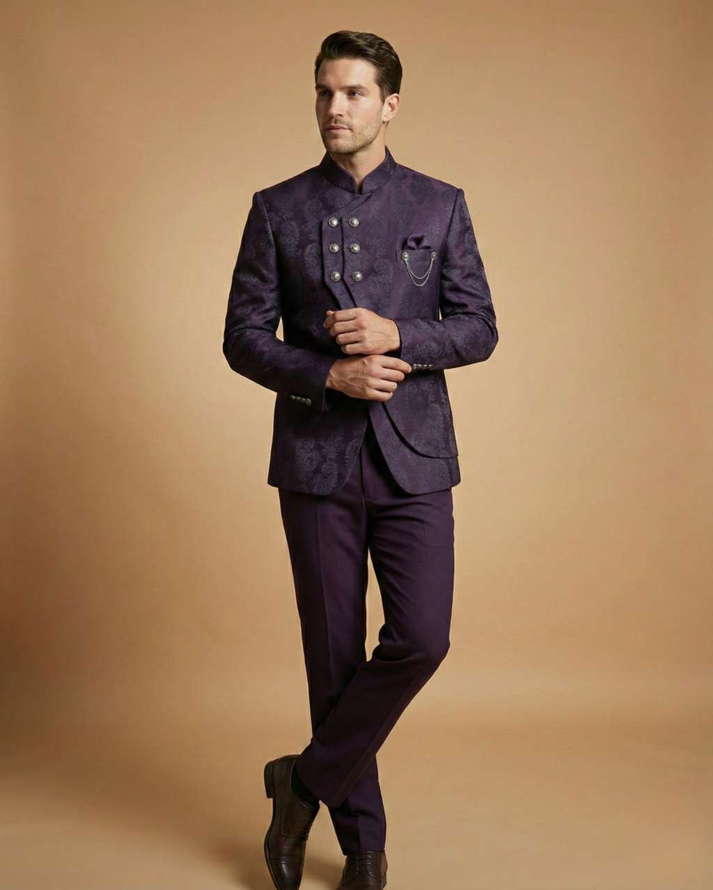 Purple Imported Jacquard Self-Print Jodhpuri Suit