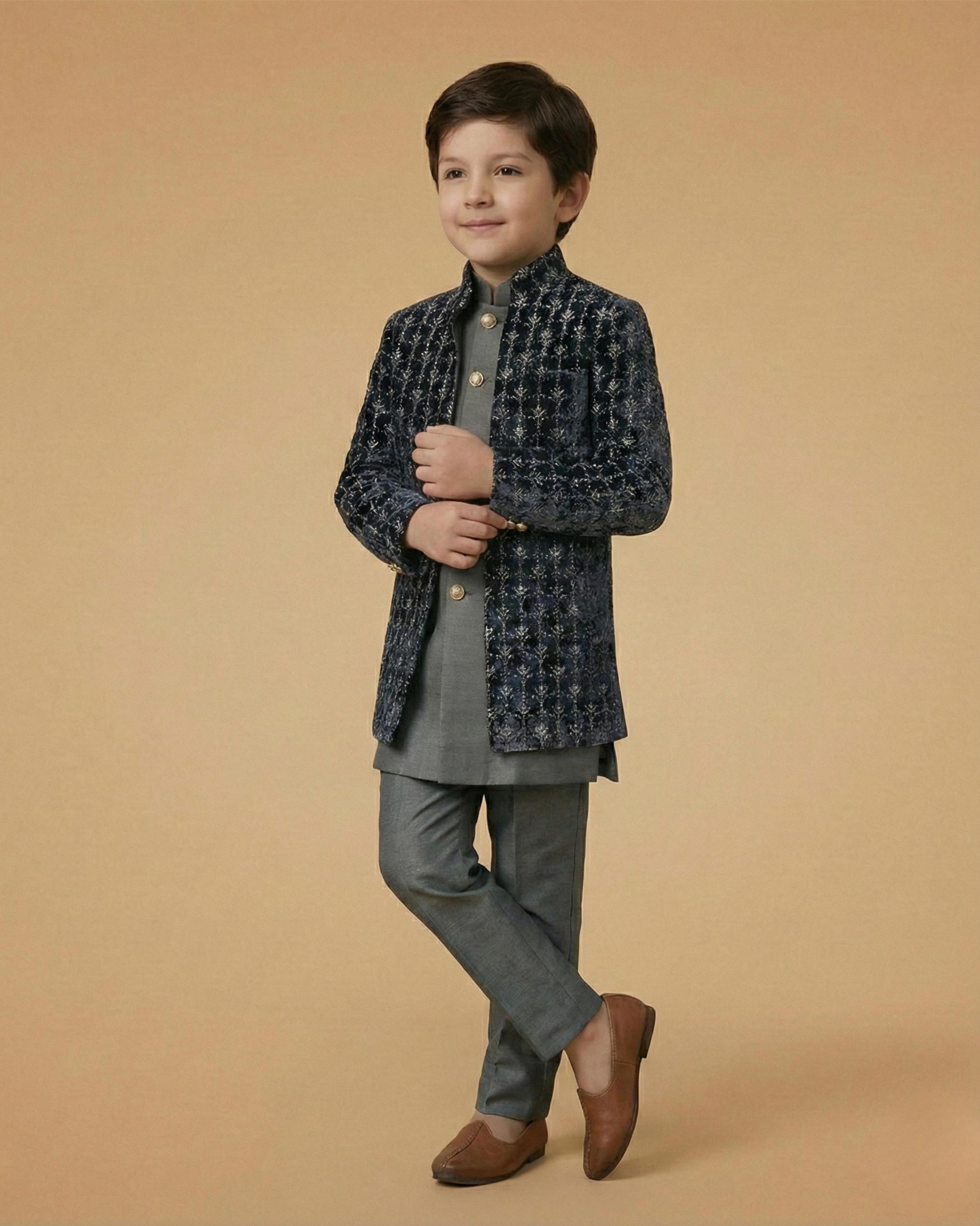 Kid's Indo Western Navy Blue – Velvet Embroidery Front Open Indo Jacket & Pant