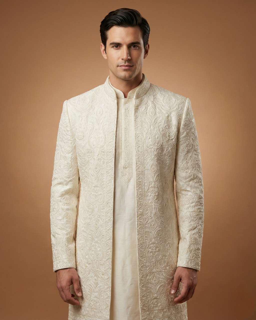 Cream Front Open Embroidery Indo Western