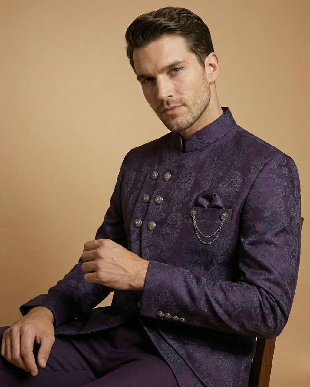 Purple Imported Jacquard Self-Print Jodhpuri Suit