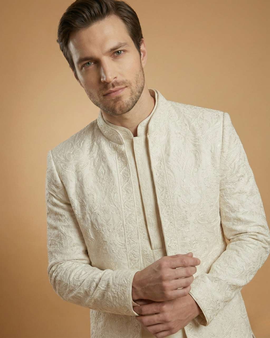 Cream Front Open Embroidery Indo Western