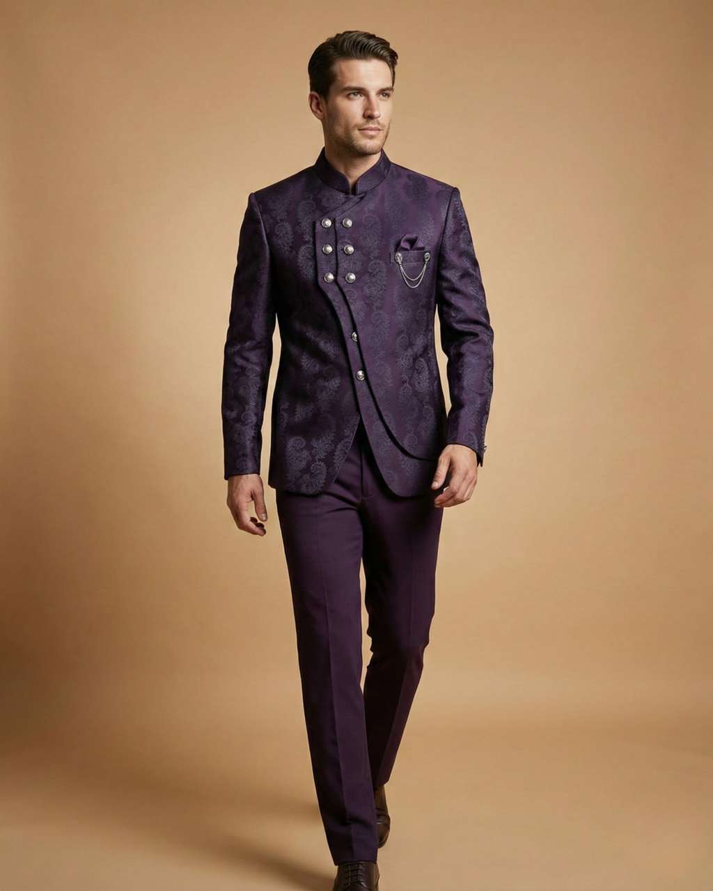 Purple Imported Jacquard Self-Print Jodhpuri Suit