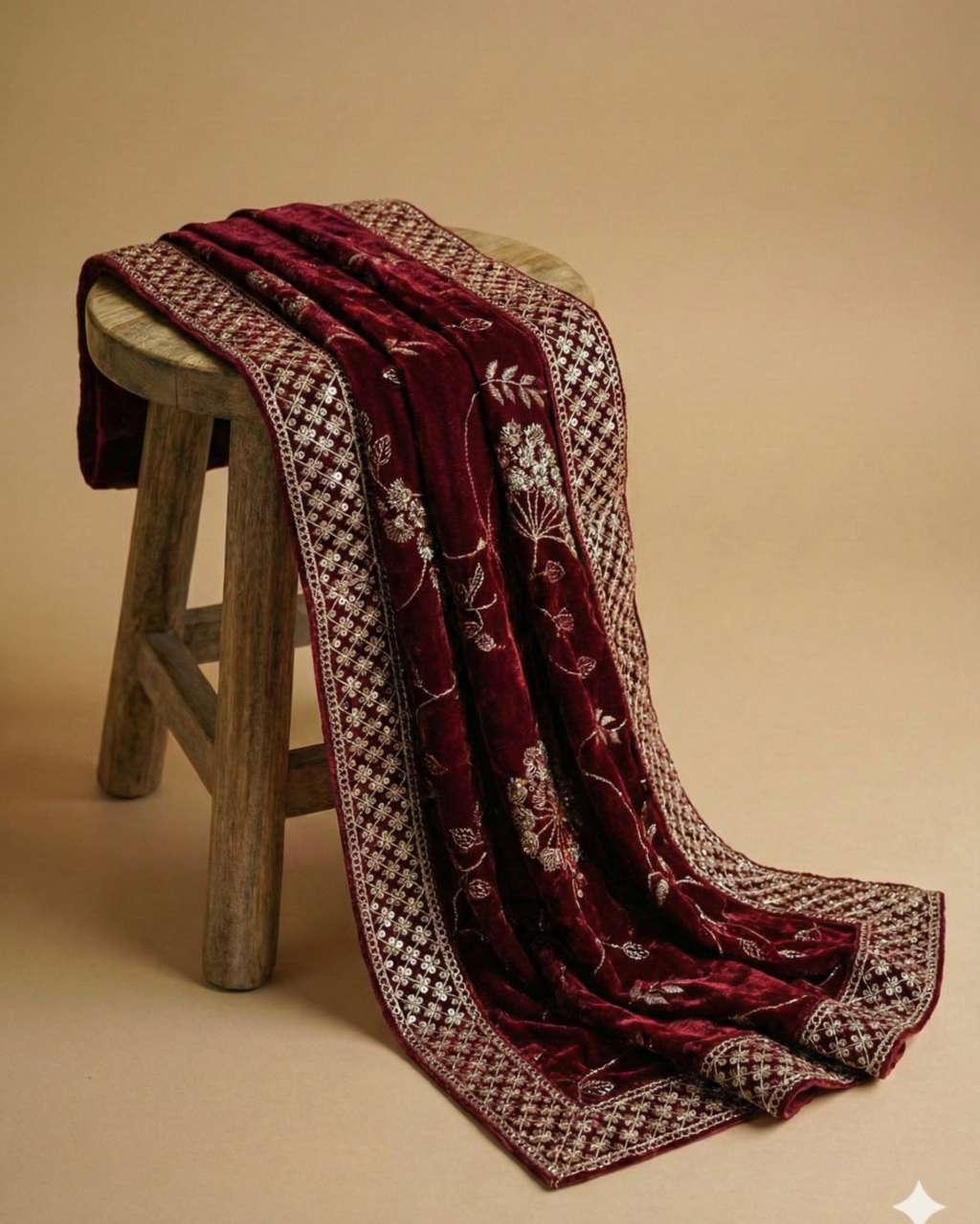 Maroon Velvet Dupatta with Heavy Zari Border & Embroidery