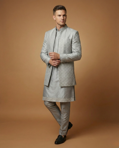 Semi Indo Silver Grey – Jacquard Plain Front Open Indo, Kurta & Pant