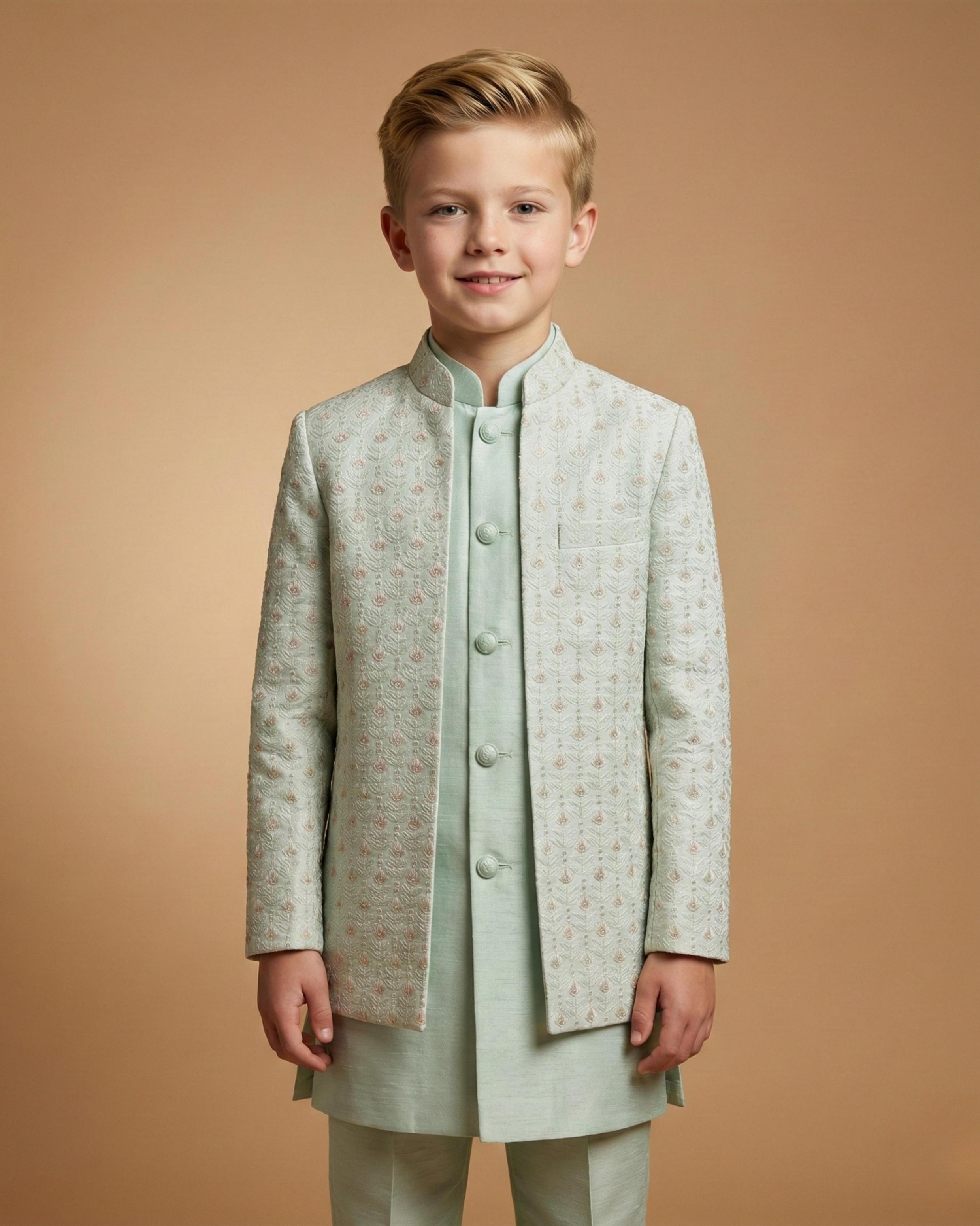 Kid's Indo Western Pista – Machine Embroidery Front Open Indo Jacket & Pant
