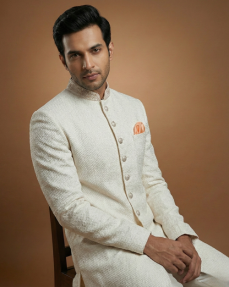 Elegant Cream Sherwani with Fine Stone Touch-Up Work
