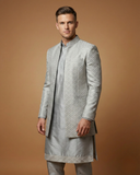 Semi Indo Silver Grey – Jacquard Plain Front Open Indo, Kurta & Pant