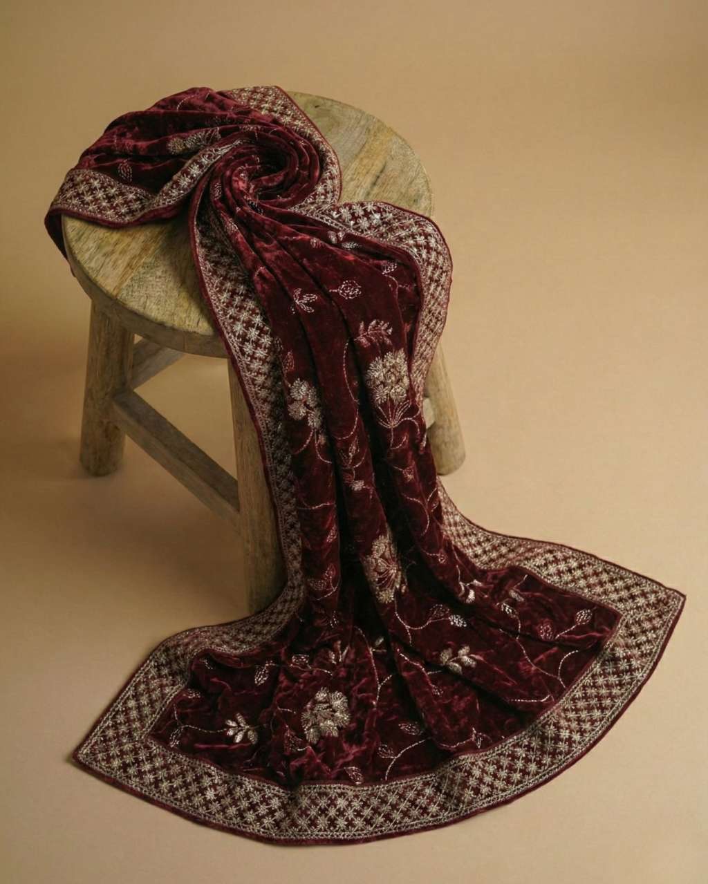 Maroon Velvet Dupatta with Heavy Zari Border & Embroidery