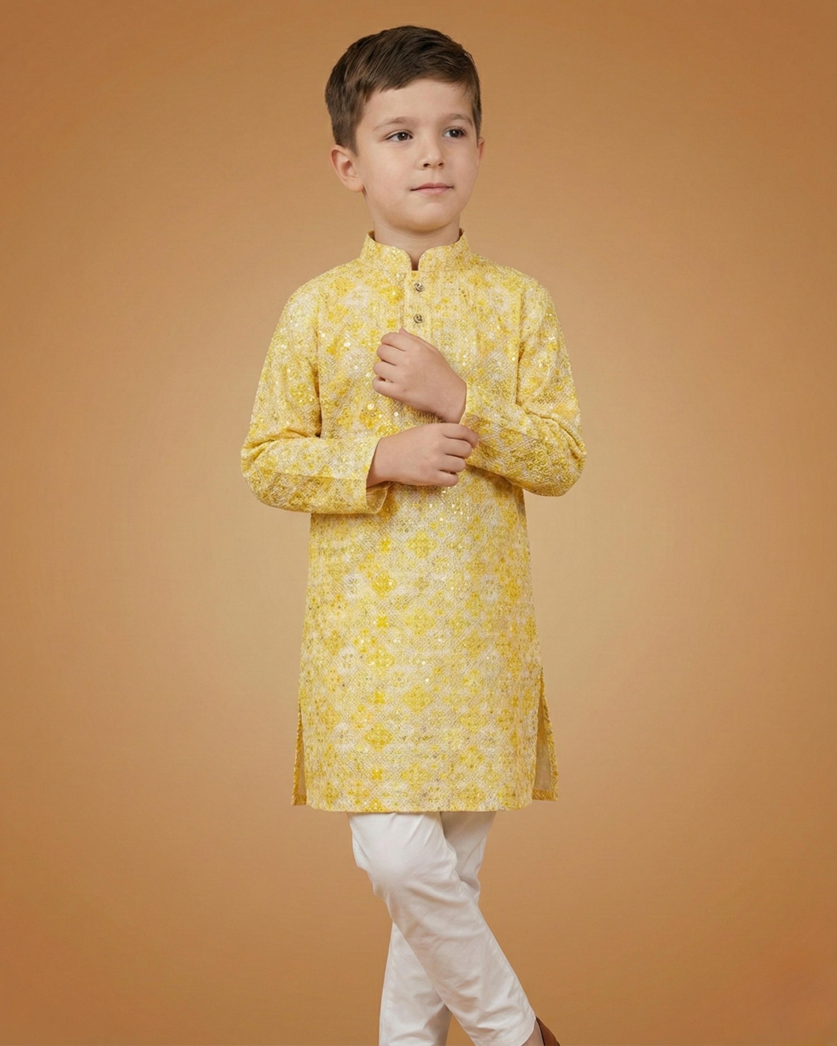 Kid's Kurta Yellow – Sequence Plain Straight Kurta & Pajama