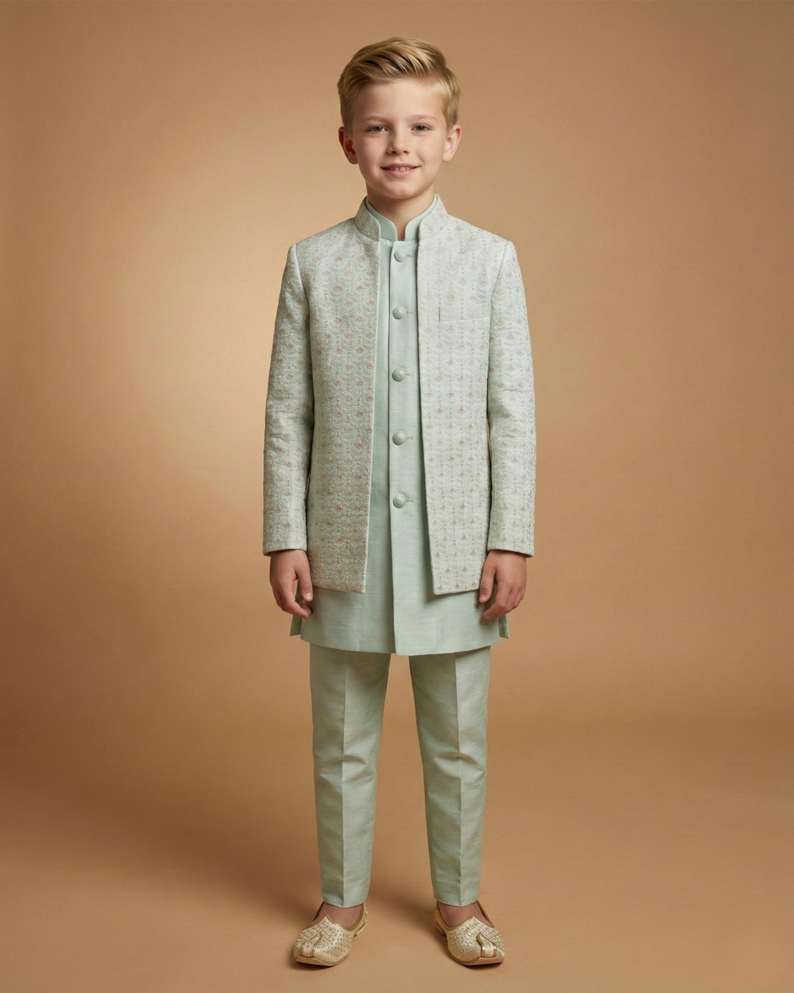 Kid's Indo Western Pista – Machine Embroidery Front Open Indo Jacket & Pant