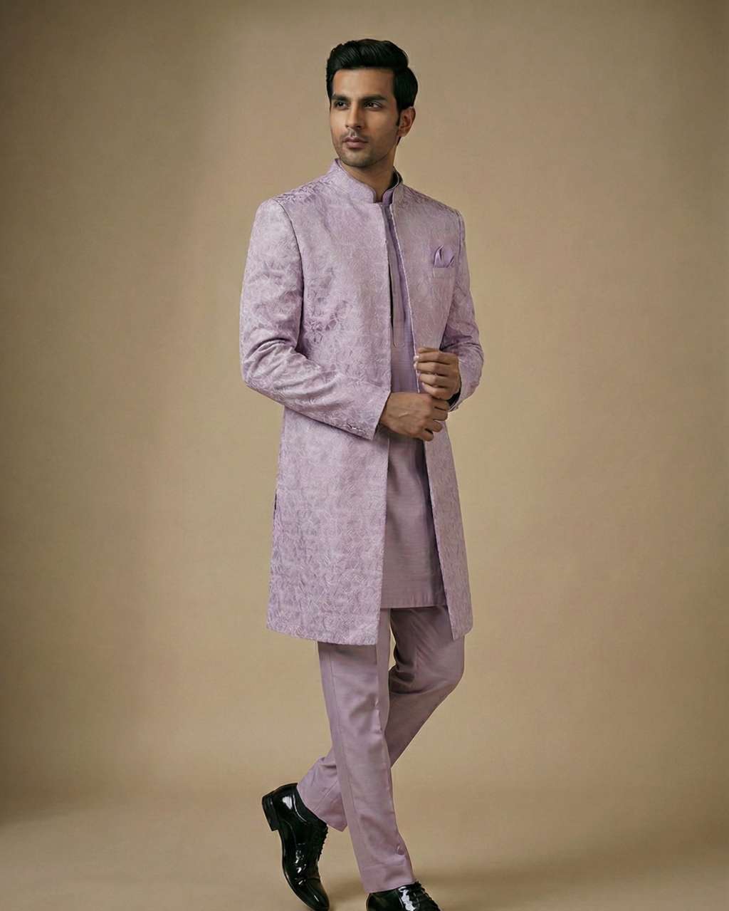 Lavender Self Print Jaquard Indo Western
