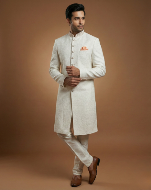 Elegant Cream Sherwani with Fine Stone Touch-Up Work