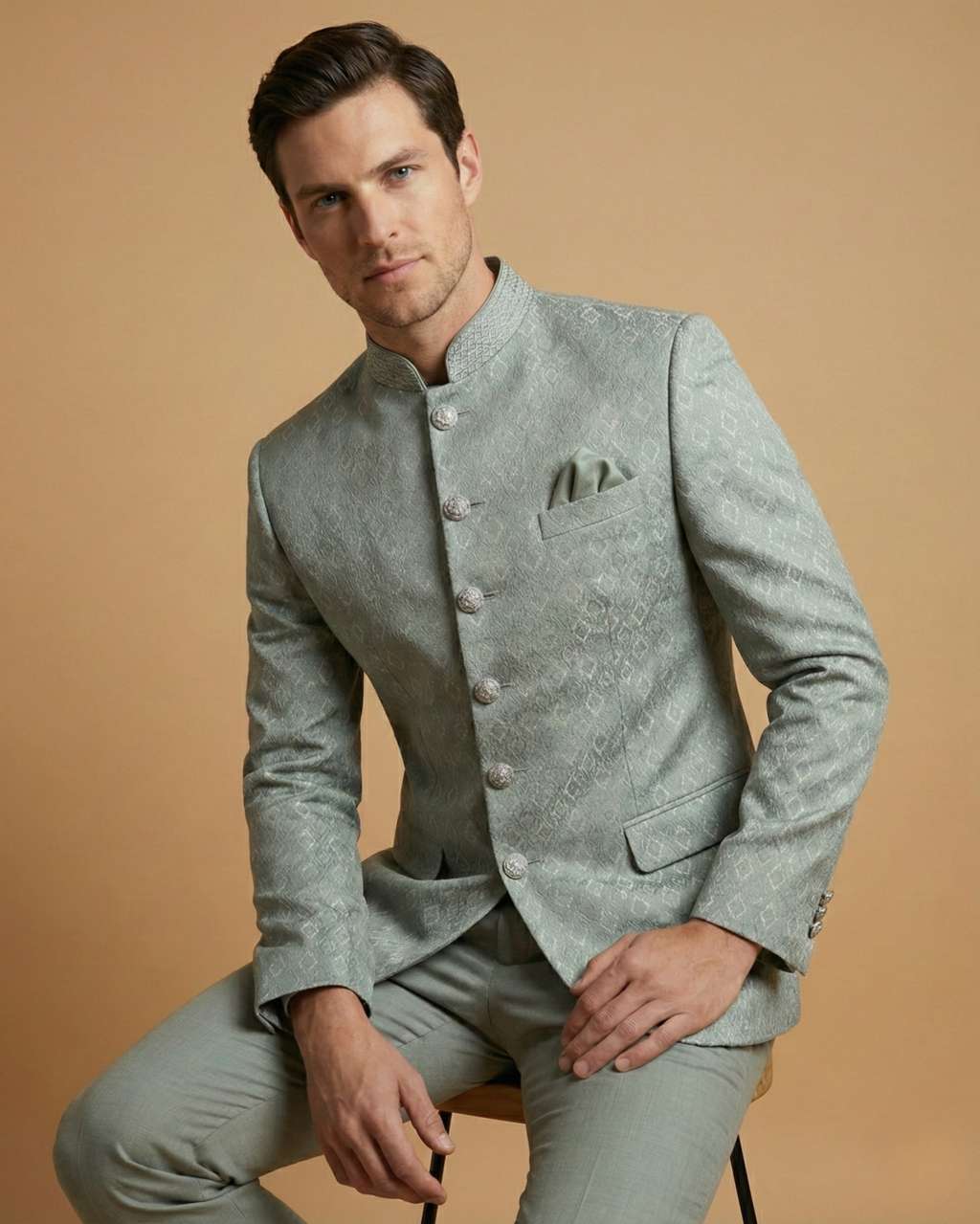 Pista Jacquard Plain Wedding Jodhpuri Suit
