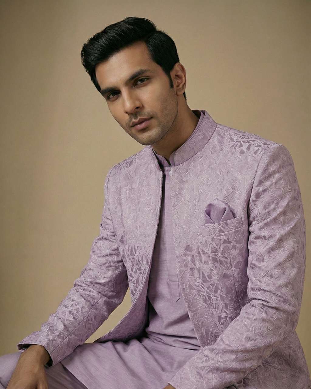 Lavender Self Print Jaquard Indo Western