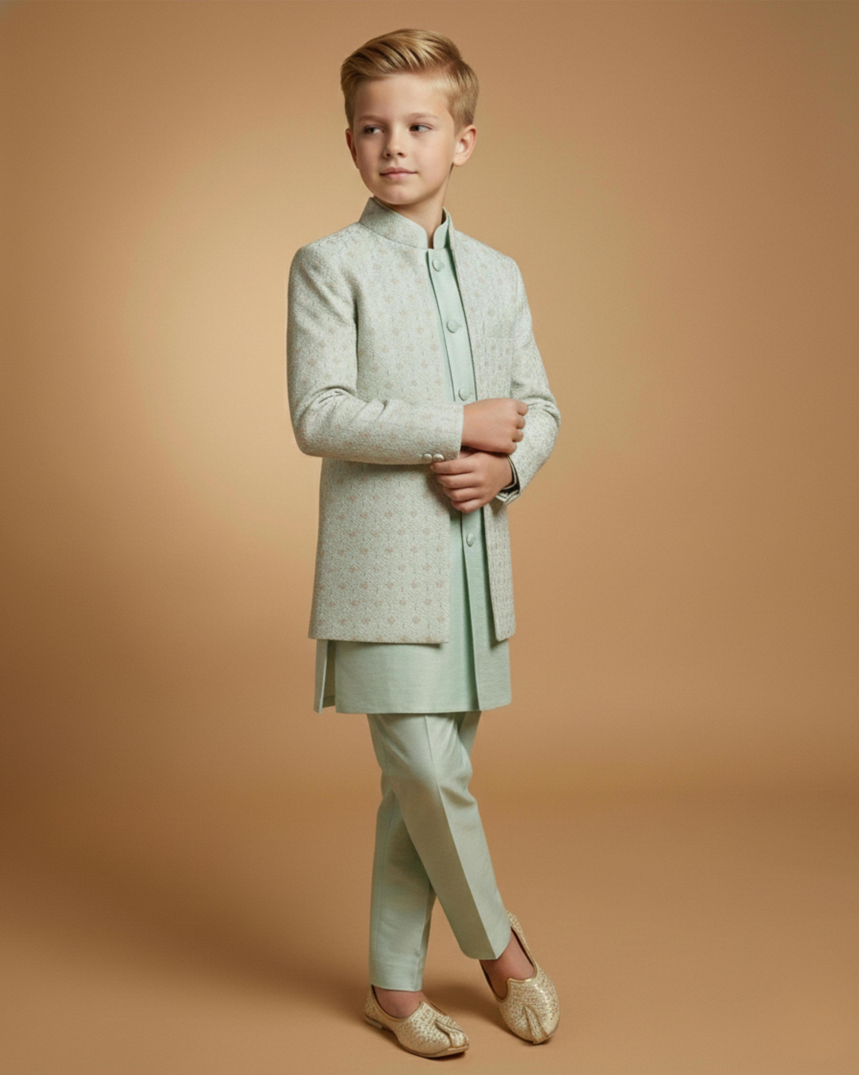 Kid's Indo Western Pista – Machine Embroidery Front Open Indo Jacket & Pant