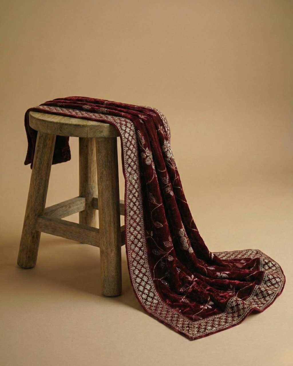 Maroon Velvet Dupatta with Heavy Zari Border & Embroidery