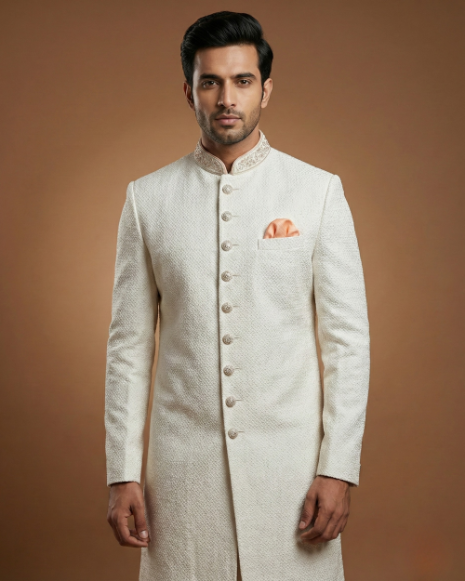 Elegant Cream Sherwani with Fine Stone Touch-Up Work