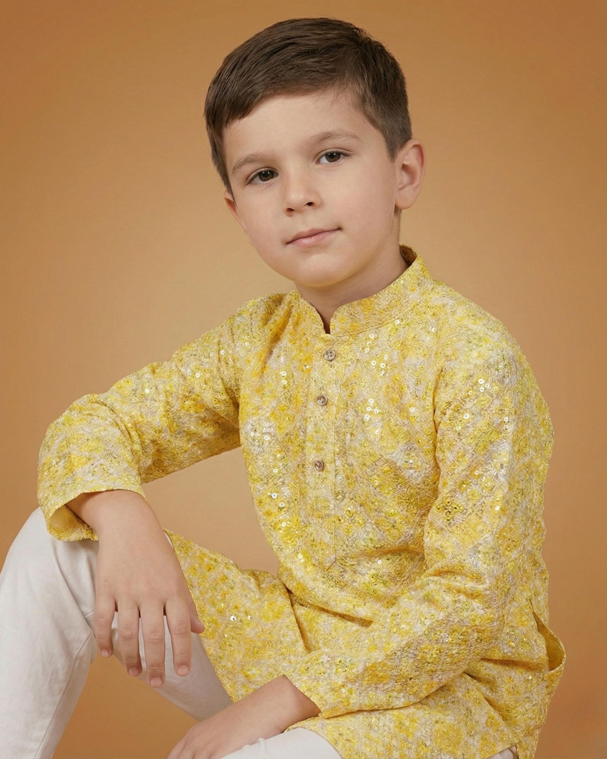 Kid's Kurta Yellow – Sequence Plain Straight Kurta & Pajama