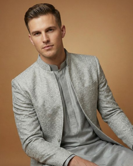 Semi Indo Silver Grey – Jacquard Plain Front Open Indo, Kurta & Pant