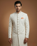 Elegant Cream Sherwani with Fine Stone Touch-Up Work
