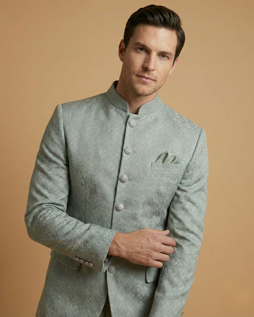 Pista Jacquard Plain Wedding Jodhpuri Suit