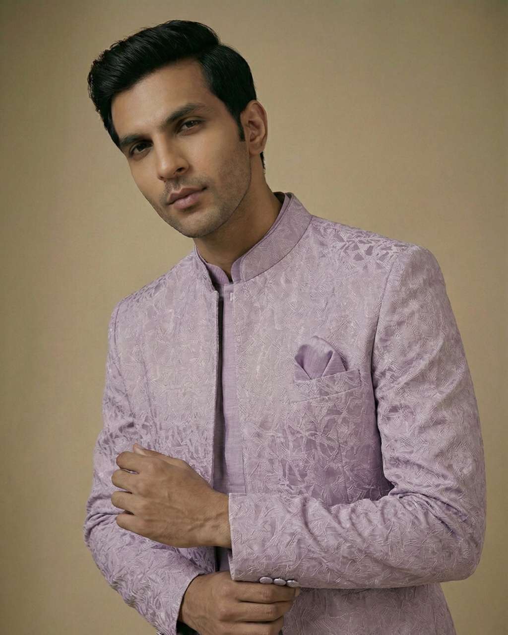 Lavender Self Print Jaquard Indo Western