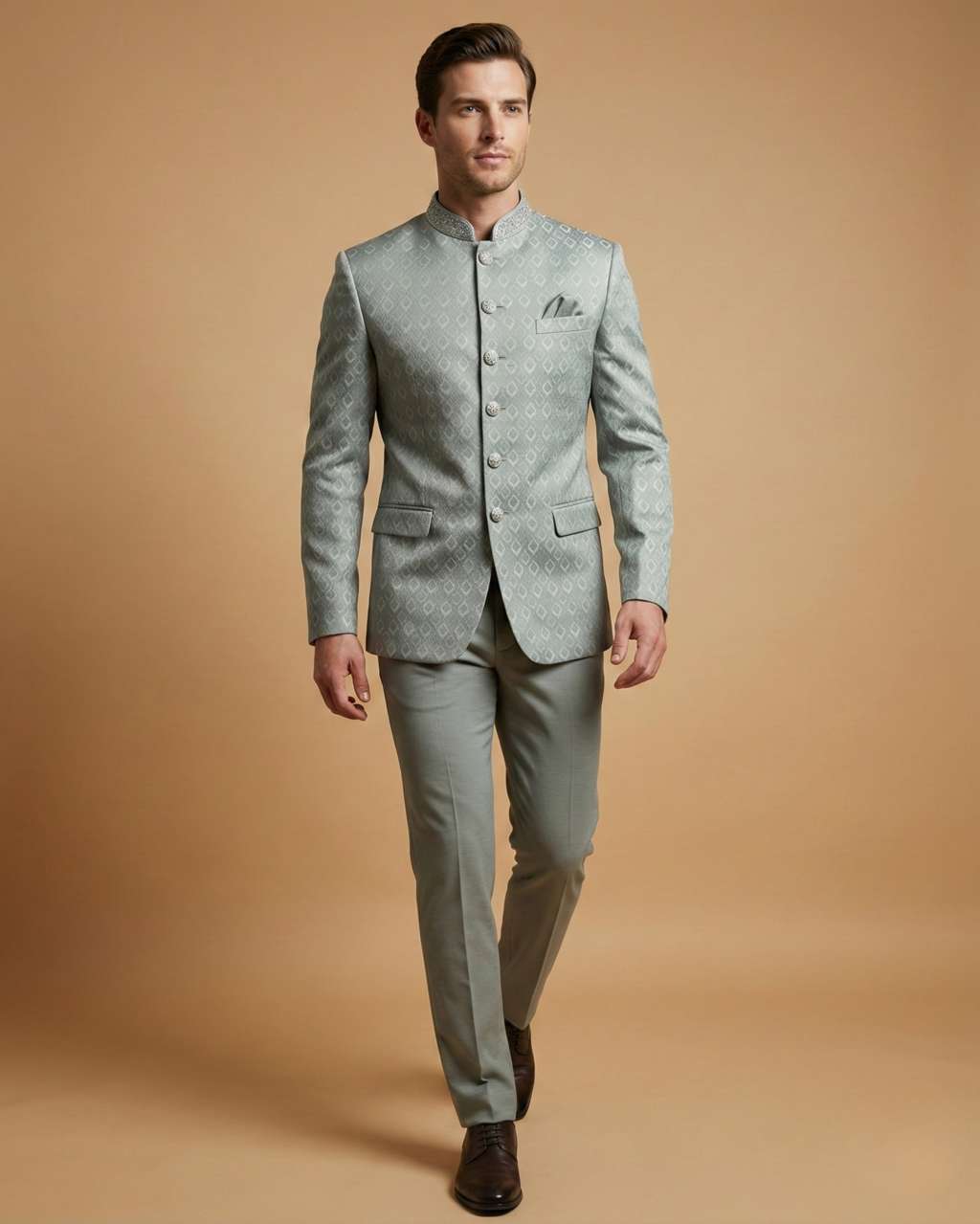 Pista Jacquard Plain Wedding Jodhpuri Suit