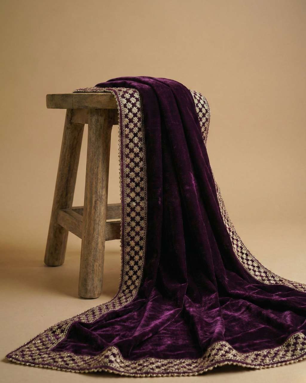 Wine Velvet Dupatta with Zari Border
